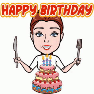 Cartoon Woman Holding Knife And Fork In Front Of Birthday Cake GIF