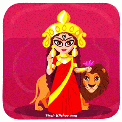 Cartoon Woman Holding Lion First-Wishes.com GIF