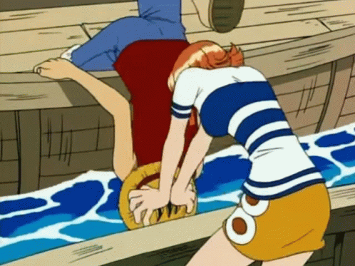 Cartoon Woman Holding Monkey D Luffy Badge GIF