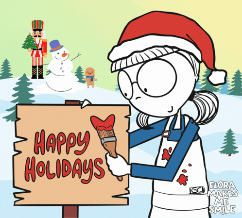 Cartoon Woman Holding Sign That Says Happy Holidays GIF