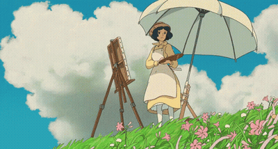 Cartoon Woman Holding Umbrella Beside Easel In Flower Field GIF