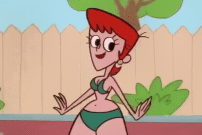 Cartoon Woman In Bikini Standing Next To Fence GIF