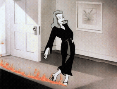 Cartoon Woman In Black Dress Walking On Fire Carpet GIF