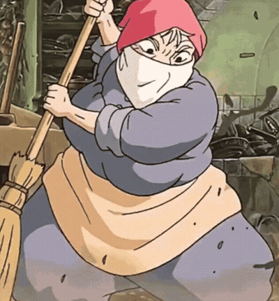 Cartoon Woman in Face Mask Holding Broom