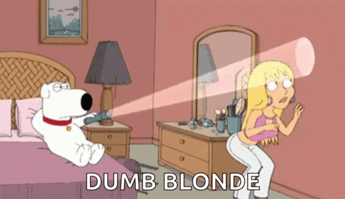 Cartoon Woman In Front Of Mirror With Words Dumb Blonde GIF