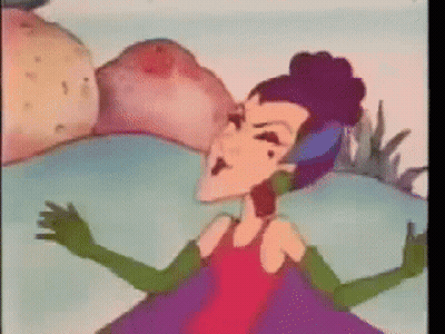 Cartoon Woman In Purple Dress And Green Gloves Standing In Front Of Rock GIF