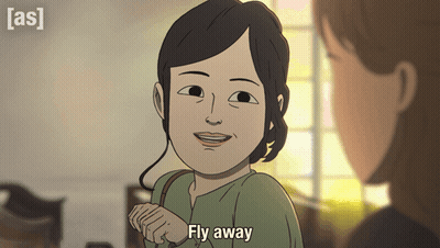 Cartoon Woman Saying Fly Away GIF