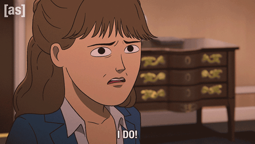 Cartoon Woman Saying I Do In Front Of Dresser GIF