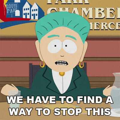 Cartoon Woman Sitting At Table Saying We Have To Find A Way To Stop This GIF