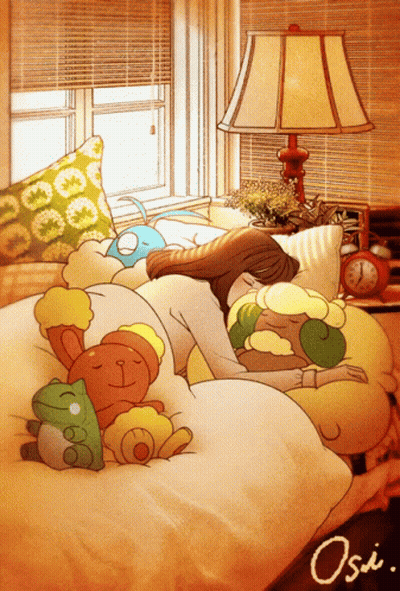 Cartoon Woman Sleeping With Stuffed Animals GIF