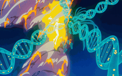 Cartoon Woman Surrounded By DNA Strands GIF