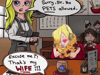 Cartoon Woman Talking To Man Saying No Pets GIF