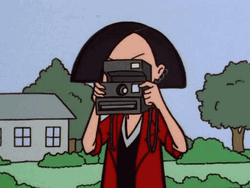 Cartoon Woman Using Polaroid Camera