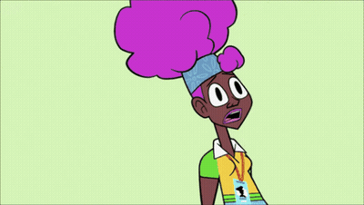Cartoon Woman With Purple Hair And Name Tag GIF