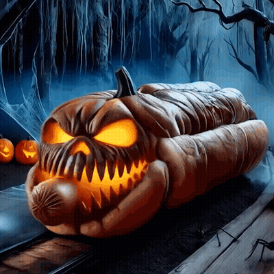 Carved Pumpkin With Glowing Face And Teeth GIF