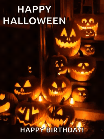 Carved Pumpkins Saying Happy Halloween Happy Birthday GIF
