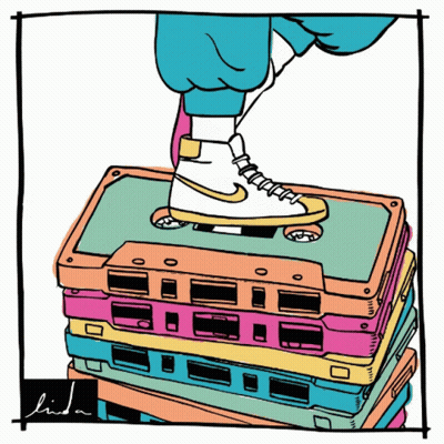 Cassette Tapes Stack With Foot On Top GIF