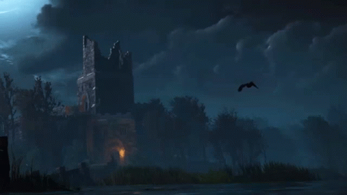 Castle In Forest At Night With Flying Bird GIF