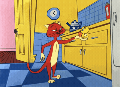 Cat And Bird In Kitchen With Clock GIF