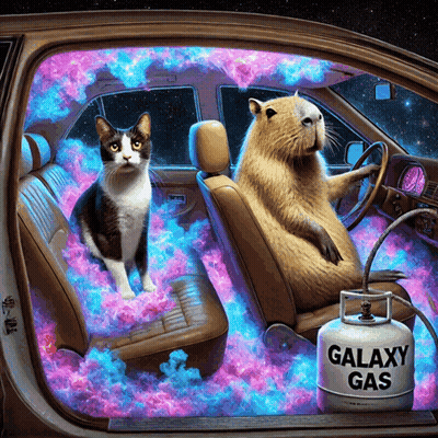 Cat And Capybara In Car With Galaxy Gas Cylinder GIF