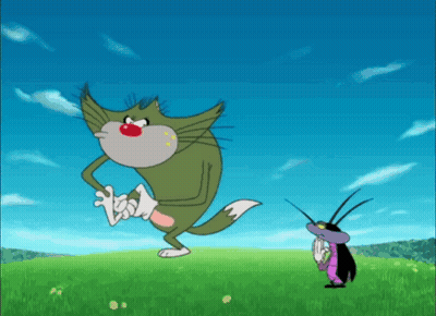 Cat And Cockroach Standing On Grassy Hill GIF