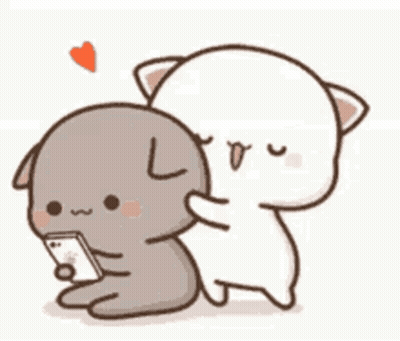 Cat And Dog Hugging While Cat Holds Cell Phone GIF
