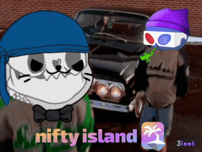 Cat And Man Standing Next To Car Saying Nifty Island GIF