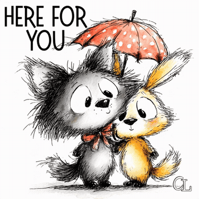 Cat And Rabbit Holding Umbrella Saying Here For You GIF