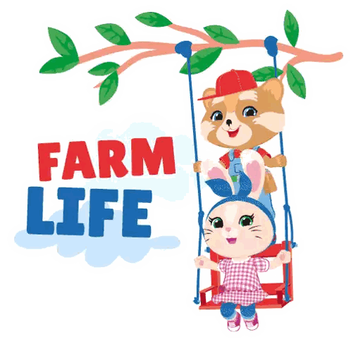 Cat And Rabbit On Swing With Farm Life Sticker
