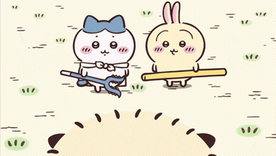 Cat And Rabbit Standing Together Holding Trident GIF