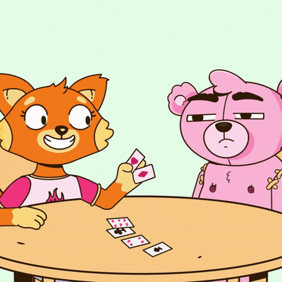 Cat And Teddy Bear Playing Card Game GIF