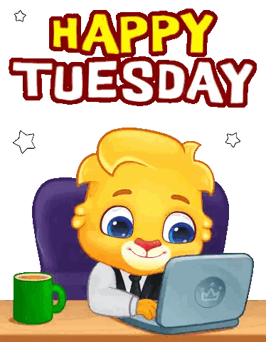 Cat At Desk With Coffee Happy Tuesday Sticker