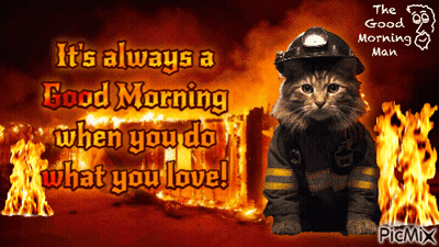 Cat Dressed As Fireman Says Always Good Morning GIF