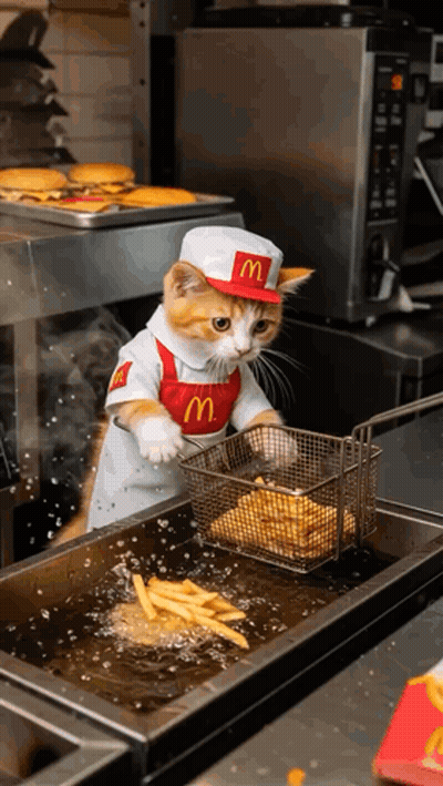 Cat Dressed As McDonald's Worker Cooking French Fries GIF