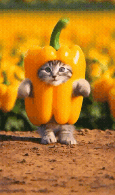 Cat Dressed As Yellow Pepper In Pepper Field GIF