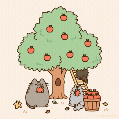 Cat Eating Apple Under Apple Tree Pusheen.com GIF