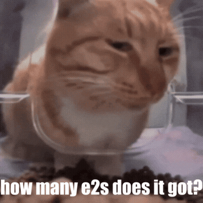 Cat Eating From Plastic Container Saying How Many E2s Does It Got GIF