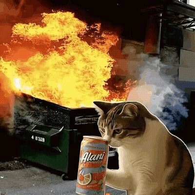 Cat Holding Alani Can In Front Of Burning Dumpster GIF