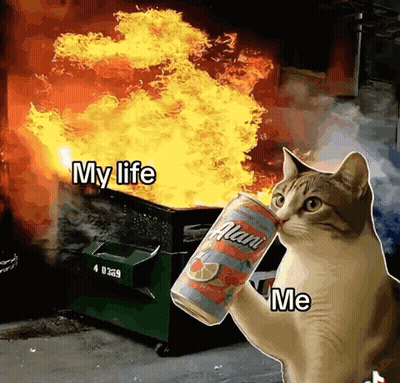 Cat Holding Alani Can Near Burning Dumpster GIF