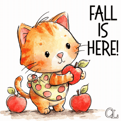 Cat Holding Apple Saying Fall Is Here GIF