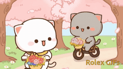 Cat Holding Basket Of Flowers Next To Bike GIF