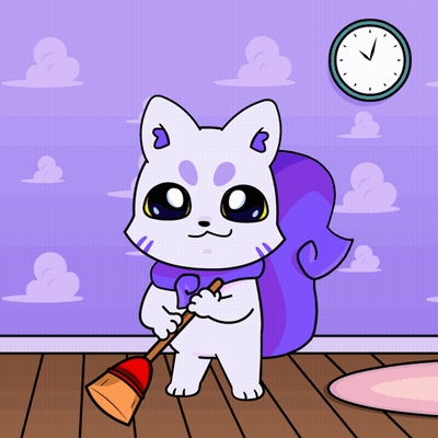 Cat Holding Broom And Clock Behind GIF