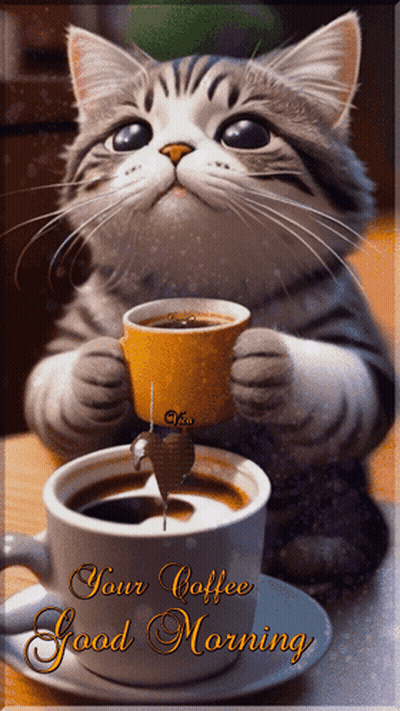 Cat Holding Coffee Saying Good Morning GIF