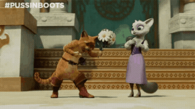Cat Holding Daisies Next To Fox In Purple Dress GIF
