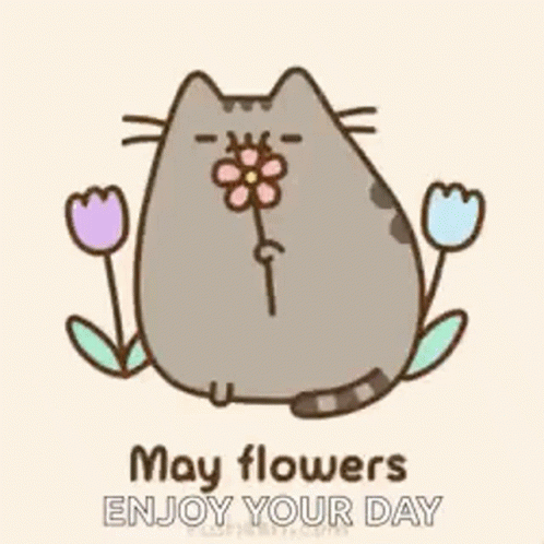 Cat Holding Flower Saying May Flowers Enjoy Your Day GIF