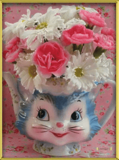 Cat Holding Flowers In Vase GIF