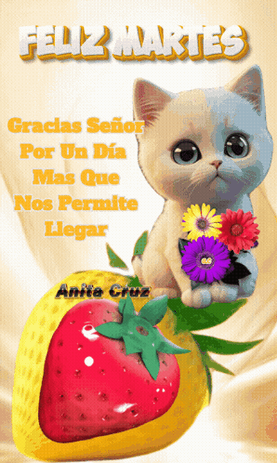 Cat Holding Flowers Next To Strawberry Feliz Martes GIF