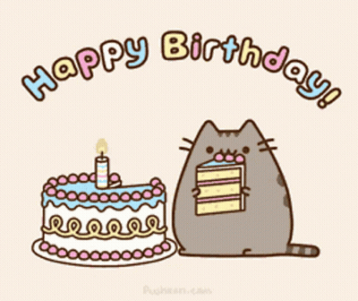 Cat Holding Piece Of Cake Next To Birthday Cake GIF