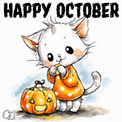 Cat Holding Pumpkin Saying Happy October GIF