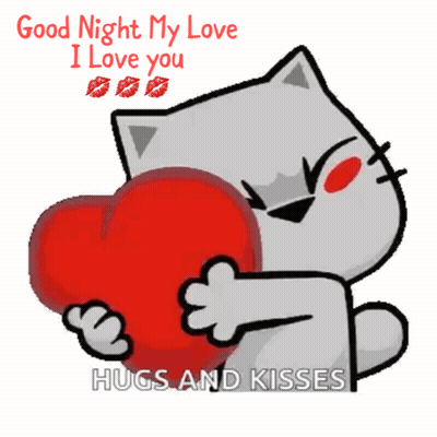 Cat Holding Red Heart Saying Good Night My Love I Love You Hugs And Kisses GIF